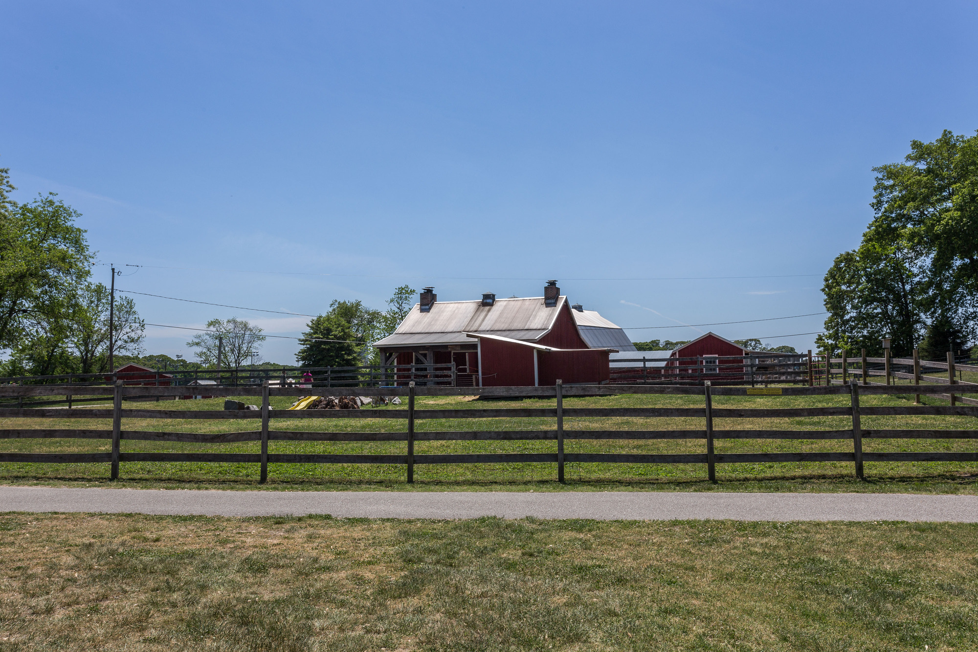 Red barns and fenced pastures at Kinder Farm Park