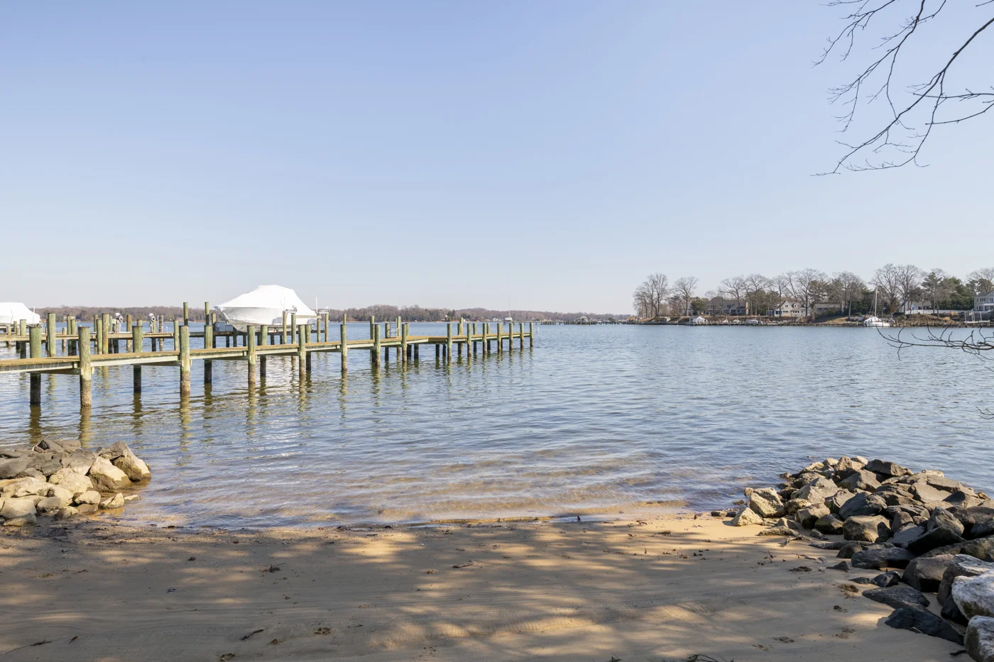 Community shoreline and pier at Manhattan Beach in Severna Park